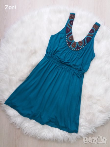 Тюркоазена рокля с ластик в талията, снимка 1