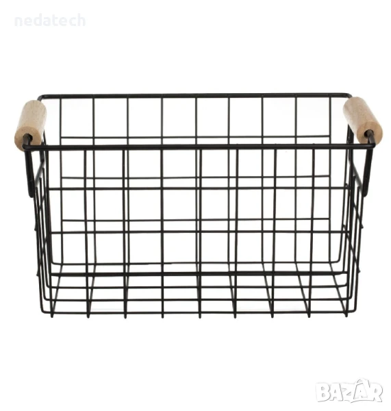 Метална кошница с дървени дръжки, Черен, 24,5x15,5x13см., снимка 1