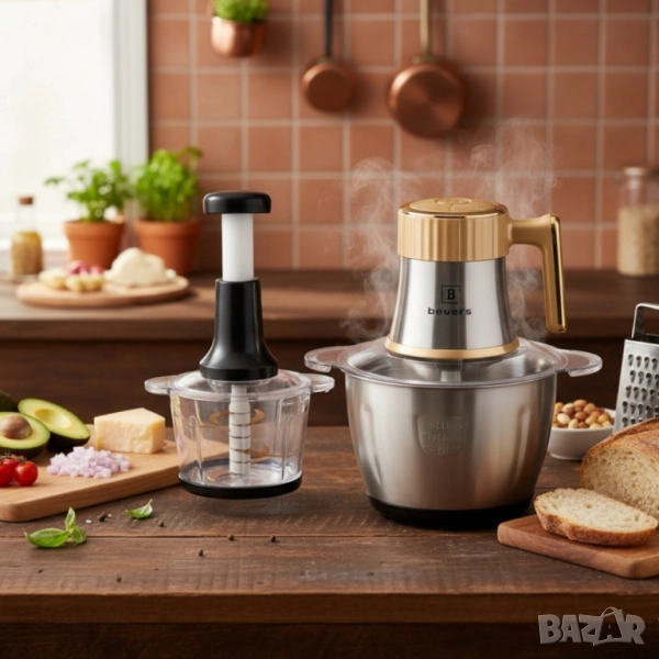 Многофункционален електрически кухненски чопър Beyers BH-2880 + Ръчен чопър с 3L стъклена купа, снимка 1