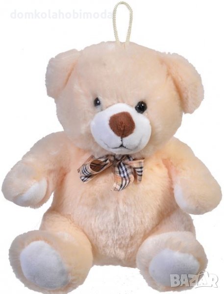 Бежово плюшено мече с карирана панделка 20х18х22 см, снимка 1