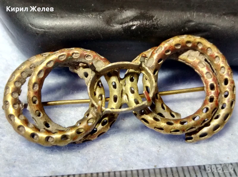 СТАРИННА МЕДНА РЕТРО БРОШКА с ГНЕЗДО За ВГРАЖДАНЕ на КАМЪК КРИСТАЛ ПЕРЛА АЖУРНА РЪЧНА РАБОТА 40433, снимка 1