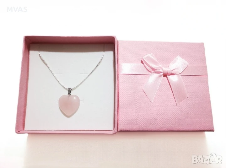 Ново Колие Сърце + Кутийка Розов кварц Подарък за жена момиче, снимка 1