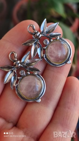 Масивни сребърни обеци с розов кварц, снимка 1