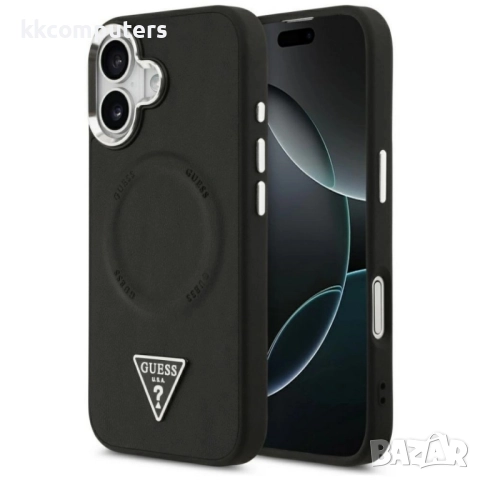 Оригинален кейс Guess Leather Triangle Metal Logo и Протектор За iPhone 17 (6.3), Черен