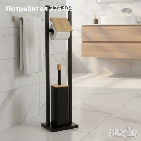 Стойка 2в1 Cheffinger за баня с тоалетна четка и държач за тоалетна хартия – метал и дърво, снимка 3 - Други стоки за дома - 53174995
