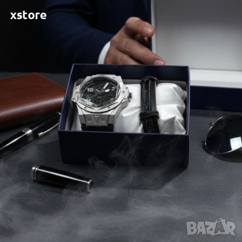 Мъжки подаръчен комплект – стилен часовник и черна гривна