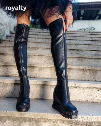 Ботуши на платформа - черна кожа