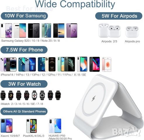 3 в 1 сгъваемо безжично зарядно, магнитна подложка-iPhone,Samsung Galaxy,Apple Watch, AirPods Pro, снимка 5 - Безжични зарядни - 42311822