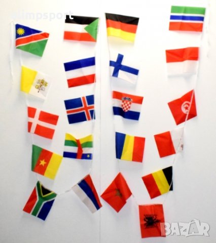 21 национални флачета, свързани на лента. Обща дължина – 6.5 м. Размери на флагчетата – 28х19 см. Ма