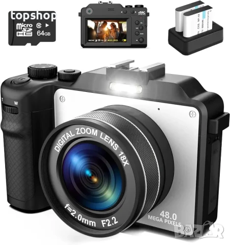 Цифрова фотокамера TEKXDD, 4K Vlog камера, 64GB SD, 18X увеличение, двойна камера предна и задна...