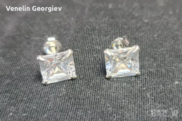 Сребърни обици с квадратни циркони, 10мм/10мм. Проба 925, снимка 6 - Обеци - 49832218