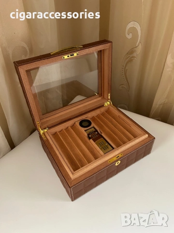 Хумидор за 50 пури – кедър, кожа, стъкло, дигитален хигрометър, снимка 6 - Табакери - 53958345