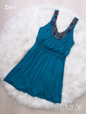 Тюркоазена рокля с ластик в талията, снимка 1