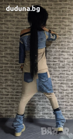 Страхотен дамски сет в бежаво дънки потури и блуза с деним!, снимка 4 - Комплекти - 53262442