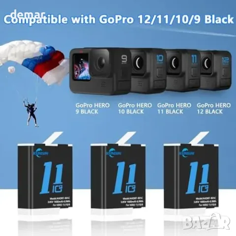 KUNLUN Hero 12/11/10/9 батерии 3 броя + 3-канално USB зарядно 1800mAh, снимка 2 - Батерии за лаптопи - 55827399