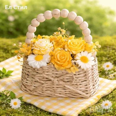 Букет от восъчни цветя в чантичка с дръжка от дървени топчета, снимка 3 - Декорация за дома - 53915485