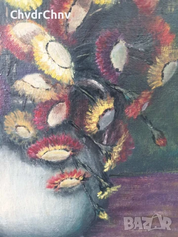 60х50см/стара картина масло върху платно-фазер/натюрморт чайник с цветя/дървена рамка, снимка 4 - Картини - 51356945