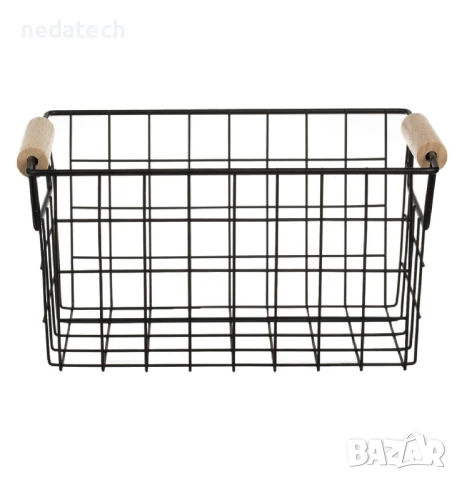 Метална кошница с дървени дръжки, Черен, 24,5x15,5x13см.