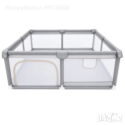 детска кошара за игра 150-200см сгъваема с мрежести страни вход с цип и меки защитни ръбове сива