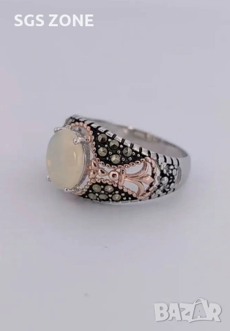 Мъжки сребърен пръстен с бял опал и марказит, снимка 5 - Пръстени - 53370220