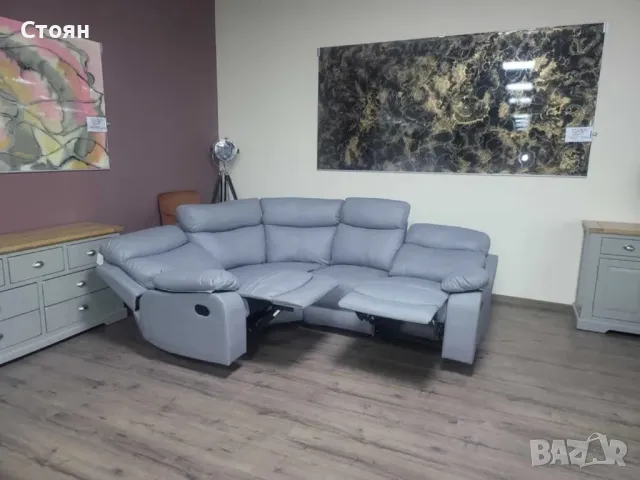 Сив кожен ъглов диван с релаксиращ механизъм от изкуствена кожа, снимка 2 - Дивани и мека мебел - 47710438