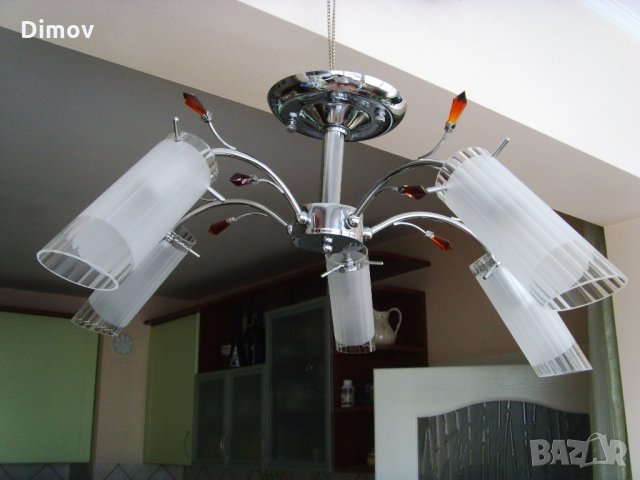 Полилей. Неръждаема стомана-инокс , кристал и стъкло - 220V5х 60W , снимка 3 - Полилеи - 31368472
