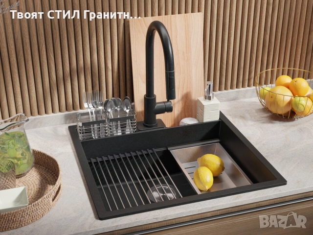 графит кухненска мивка за вграждане Берген 60 Double Pocket 560x540 мм, снимка 6 - Мивки - 51719363