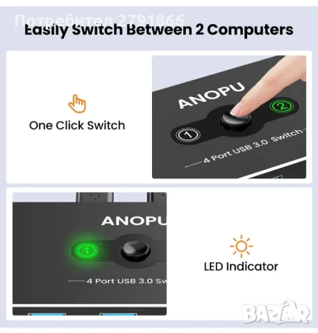 USB превключвател KVM превключвател, алуминиев USB 3.0 превключвател 2 компютъра, споделящи 4 USB ус, снимка 7 - Работни компютри - 48285685