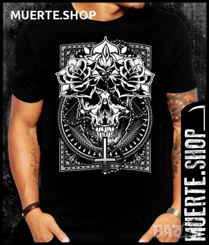 Черна тениска с щампа ROSES SKULL SATANIC