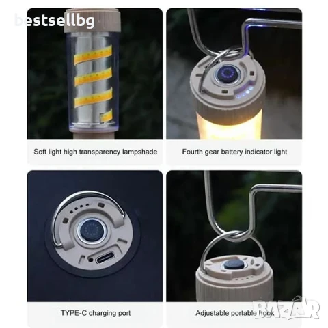 Мощна акумулаторна къмпинг лампа LED фенер USB зареждане кука за риболов туризъм палатка аварии, снимка 2 - Къмпинг осветление - 51204300