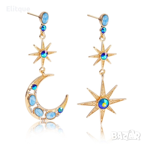 Асиметрични висящи обеци Слънце и Луна в златен цвят , снимка 2 - Обеци - 52796213