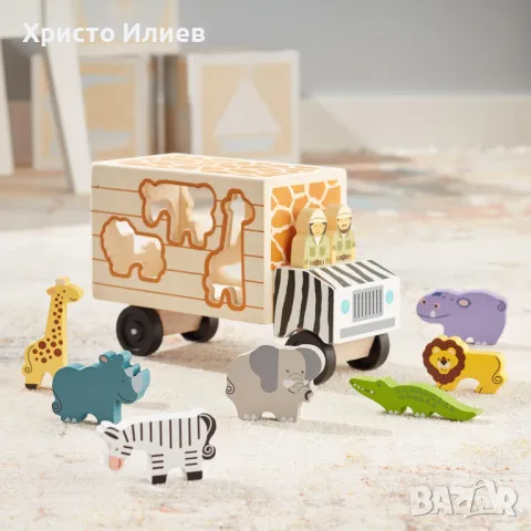  Дървен камион сортер Сафари с форми животни Melissa & Doug, снимка 6 - Образователни игри - 49288805