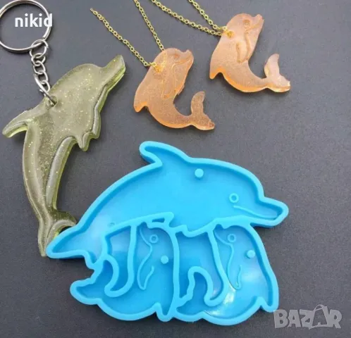 Делфин делфини плитък силиконов молд форма висулка обеци ключодържател смола, снимка 2 - Форми - 49639926