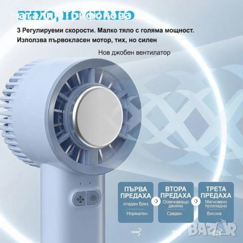 Преносим мини вентилатор 3в1 с полупроводниково охлаждане и леден компрес, 3 скорости, акумулаторна , снимка 10 - Вентилатори - 54167789