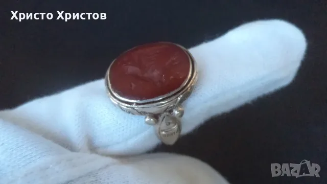 Сребърен старинен гръцки пръстен с гема натурален карнеол, снимка 4 - Пръстени - 56035033