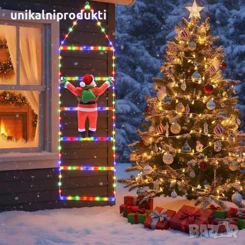 Светеща коледна стълба с катерещ се дядо коледа топла или многоцветна светлина 1.5м , снимка 2 - Лед осветление - 52666590