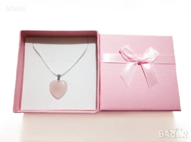 Ново Колие Сърце + Кутийка Розов кварц Подарък за жена момиче
