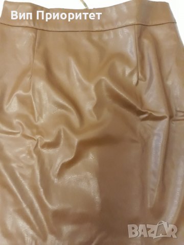 SLN R :маркова тютюнев цвят кожена къса сексапилна и впечатляваща пола ,със златен цип отзад и цепка, снимка 5 - Поли - 37423559