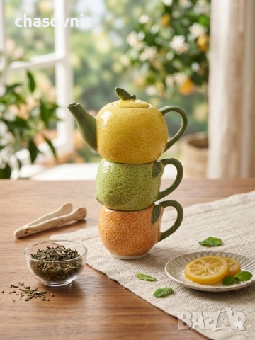 Сет за чай 3 части чайник и 2 керамични чаши нов, многоцветен Арт декорация 
