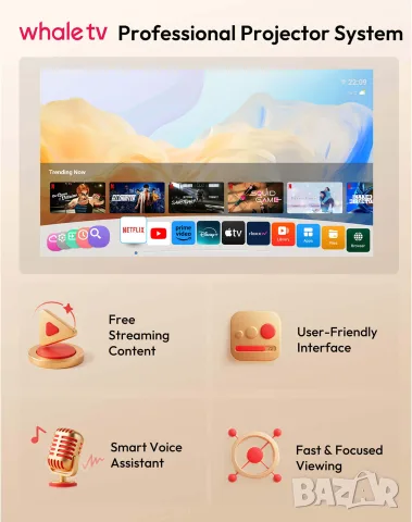 Преносим проектор Gimbal N6 Pro с вграден 1080P WiFi 6 и Bluetooth 5.4 32GB за домашно кино, снимка 3 - Плейъри, домашно кино, прожектори - 55792702