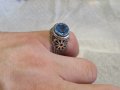 стар мъжки сребърен пръстен, стар голям османски величествен пръстен с филигран син камък, турски, снимка 7