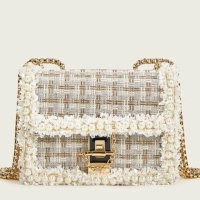 Дамска чанта букле в бяло и златно с декорация перли и дълга дръжка, снимка 4 - Чанти - 42339391