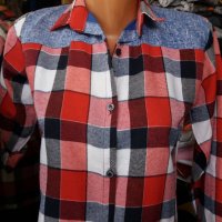 Риза в червено каре с платка деним на раменете, снимка 2 - Ризи - 30044276