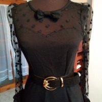 Черна дамска рокля с прозрачни ръъкави на точки, снимка 2 - Рокли - 30703601