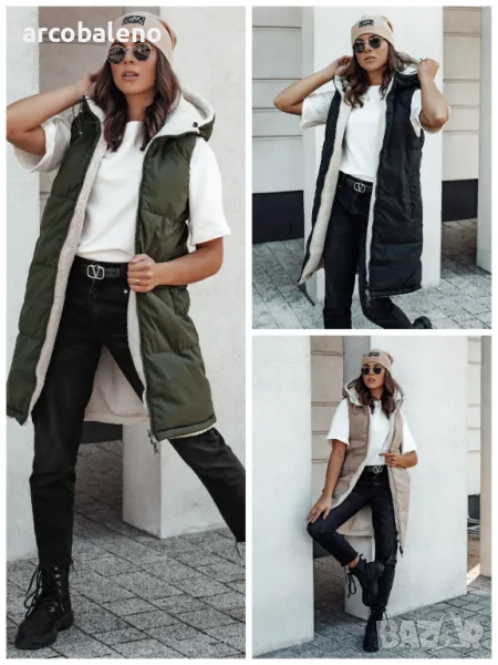 Дълго дамско ватирано яке без ръкави с качулка COSYVIVA, 3цвята , снимка 1