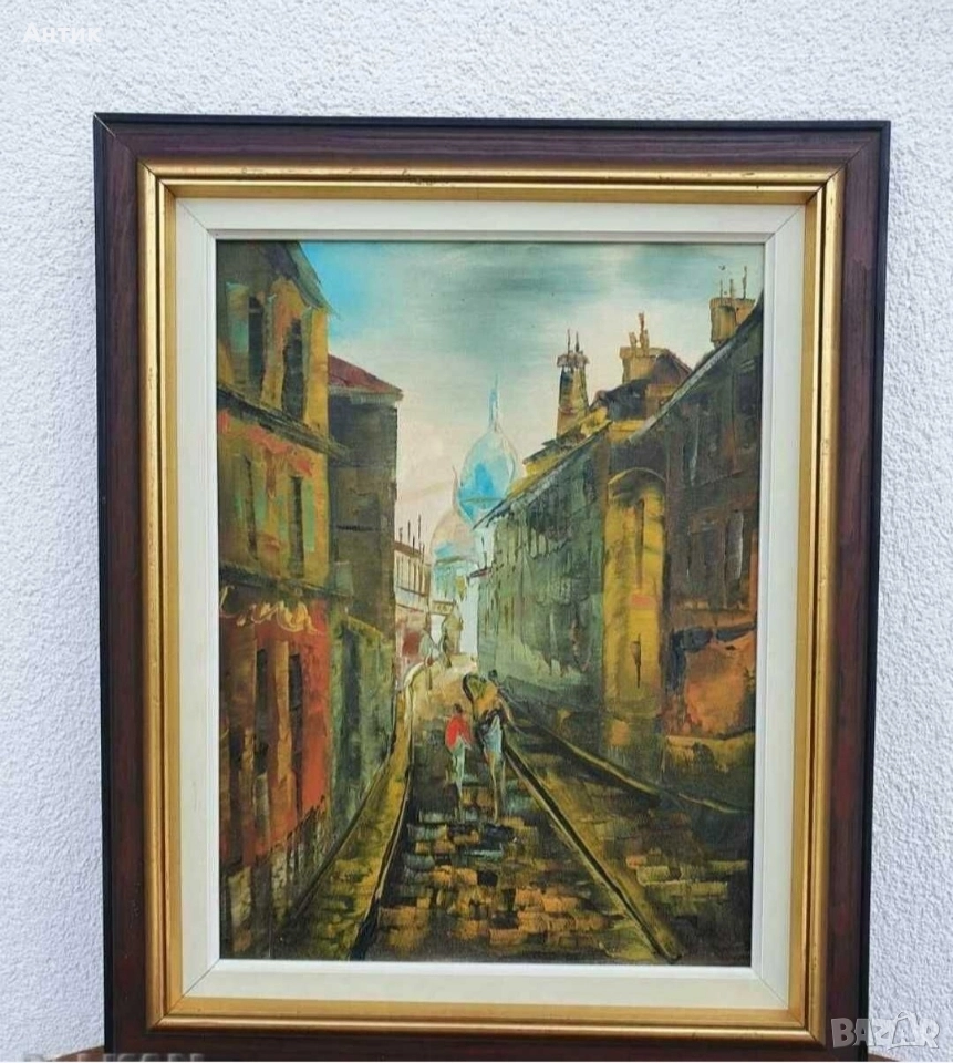 Красива Стара Картина Уличен Пейзаж Живопис Маслени Бои на Платно, снимка 1