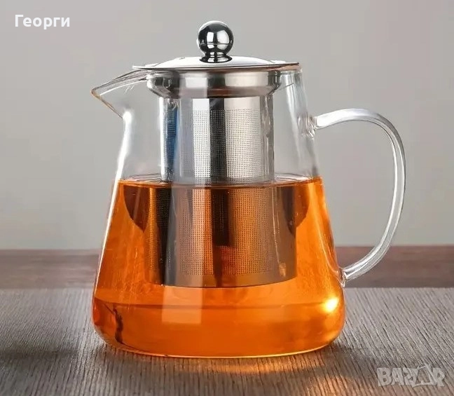 Стъклен чайник с цедка, боросиликат, снимка 1