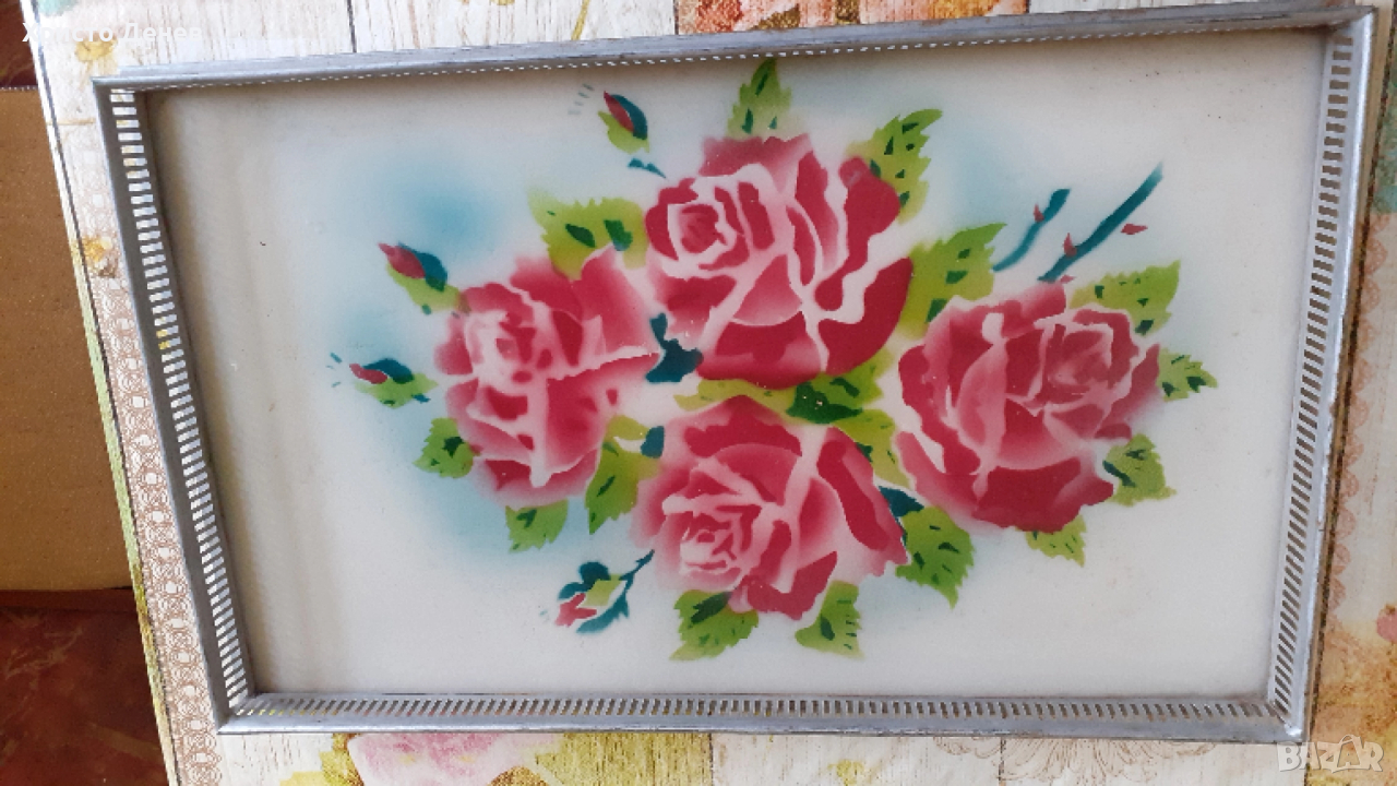 поднос за сервиране антикварен стъкло и масивен метал, снимка 1