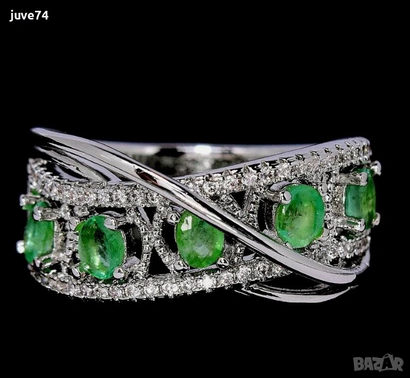 СРЕБЪРЕН ПРЪСТЕН С ЕСТЕСТВЕНИ ИЗУМРУДИ (ЗАМБИЯ), снимка 1