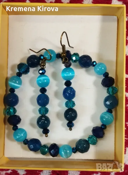 Дамски обеци и гривна от аxат, котешко око и кристали. Ръчна изработка. Бижута Луди гъби., снимка 1